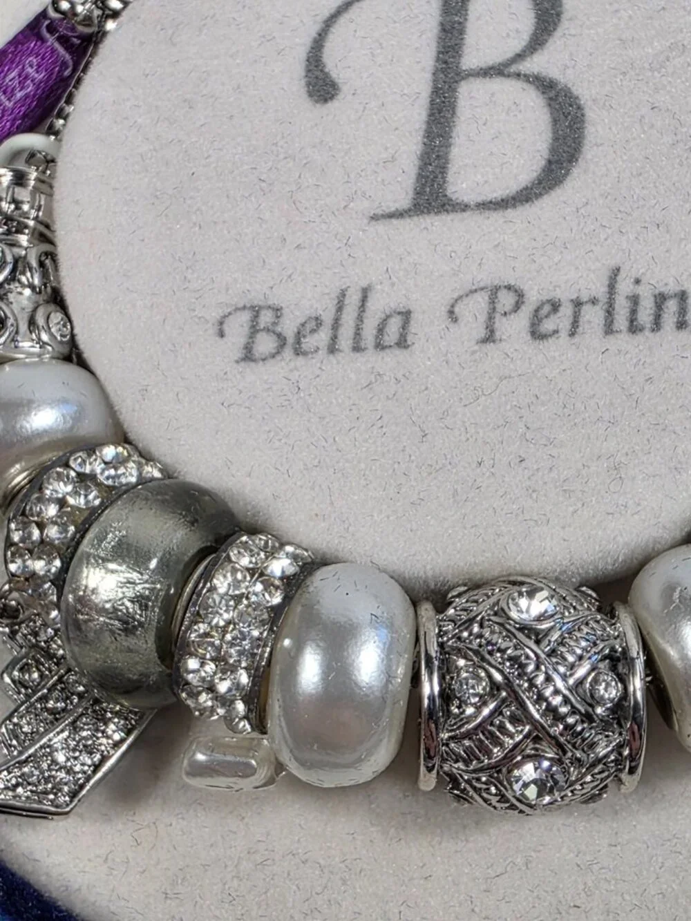 Bella Perlina Silver-Tone Charm Bracelet White Pearl Beads Crystal Accents NEW